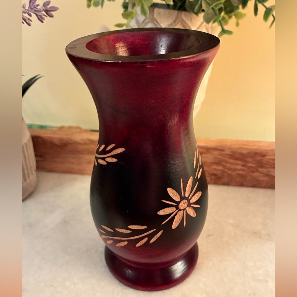 Artisan Floral Wooden Vase - Deep Red and Brown
